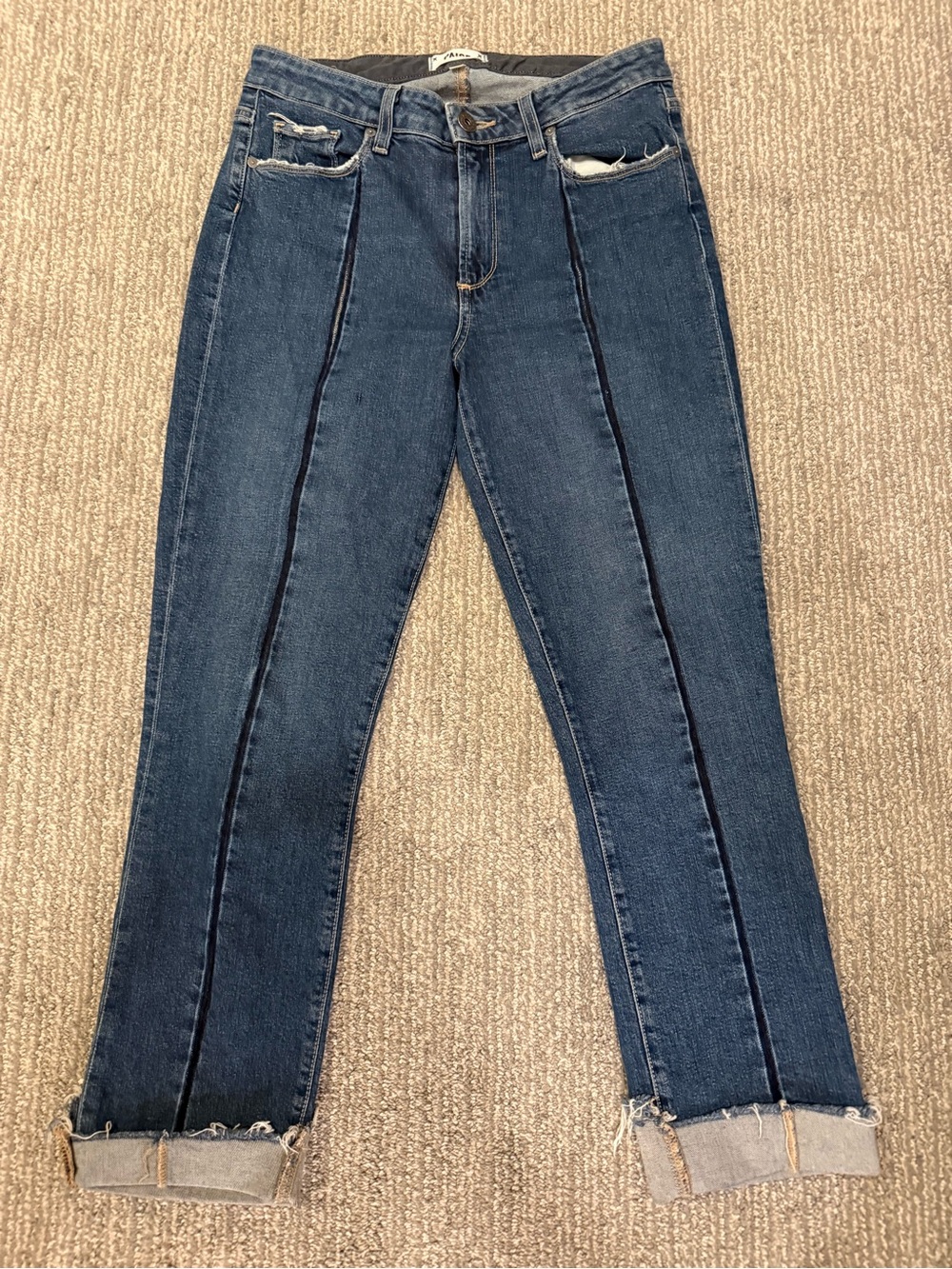 PAIGE Julia Pintuck Seam Straight Jeans Raw Hem Blue Size 28